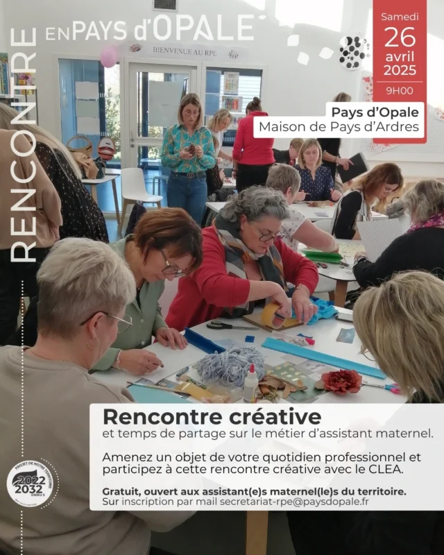 📌 Rencontre créative

Projet de notre territoire :
Enjeu 3 : Pour un Pays d'Opale solidaire et social

Vous êtes assistant(e) maternel(le) sur notre territoire ? 
Le Relais Petite Enfance Pays d'Opale vous invite, dans le cadre d'un projet avec le CLEA, à une rencontre créative et un temps de partage spécialement pensés pour vous.

🗓 Samedi 26 avril de 9H00 à 11H30
📍 À la Maison de Pays d'Ardres

👶 Un moment convivial entre assistant(e)s maternel(le)s, pour partager vos expériences, échanger autour de votre quotidien et vous exprimer à travers une activité manuelle collective.

ℹ pensez à apporter un objet de votre quotidien professionnel (jouet, outil pédagogique, livre, etc.) qui servira de support pour initier les échanges.🧸📚

Sur inscription dès que possible auprès du RPE
➡ secretariat-rpe@paysdopale.fr

#paysdopale #assistantmaternel #ateliercreatif